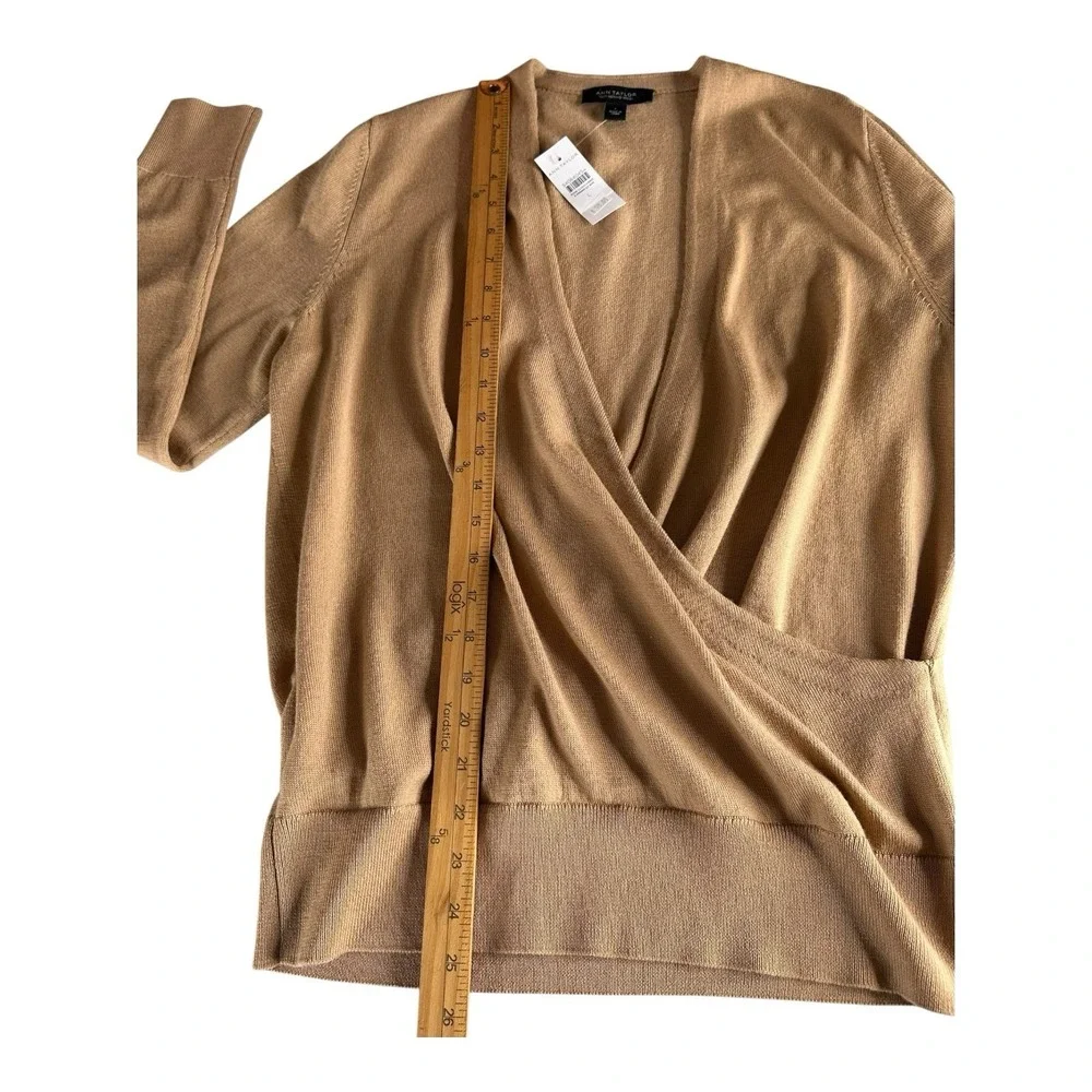 ANN TAYLOR Women 100% Merino Wool Pullover Wrap Effect Size Large khaki‎ - Picture 4 of 12